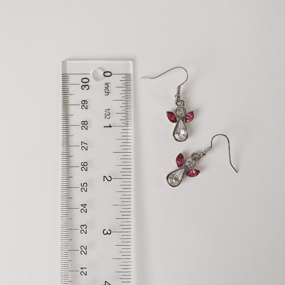 Dainty Silver Angel Crystal Rhinestone Pink Wings October Birthstone Earrings - Picture 7 of 7